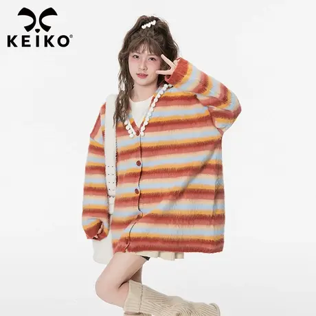 别致绝美落日橘条纹毛衣女宽松慵懒风高级感针织开衫外套秋冬外穿商品大图