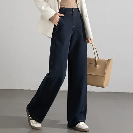 藏青仿牛仔直筒裤女2024新款秋冬加厚裤子窄版阔腿裤小个子休闲裤商品大图