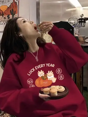 大码胖mm冬季宽松套头卫衣加绒复古卡通上衣ins潮牌保暖减龄外套商品大图