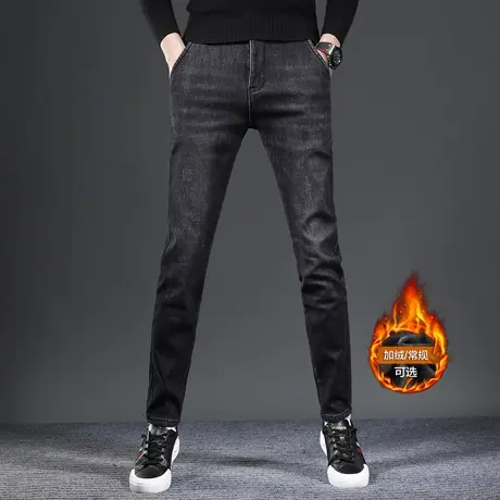 黑灰加绒牛仔裤男款修身小脚2023新款秋冬款韩版弹力男士裤子冬季图片