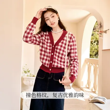 【新年搭配专场】香影过年穿搭红色格子针织开衫女2023秋冬新款商品大图