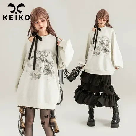KEIKO 鬼马少女感灰色卫衣女2024春季蝴蝶结系带oversize显瘦上衣图片