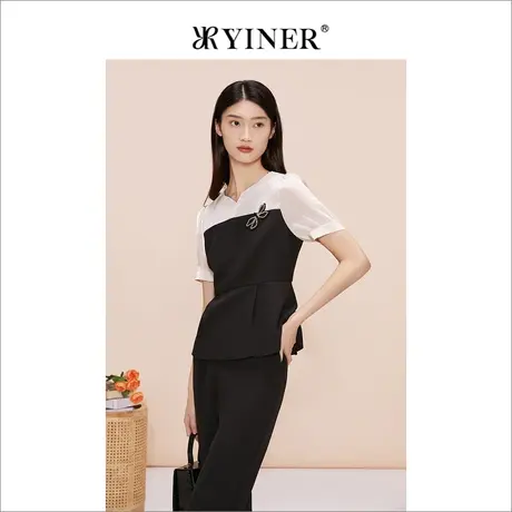 YINER音儿线上专选女装2023夏季蝴蝶结收褶雪纺衫通勤风上衣图片