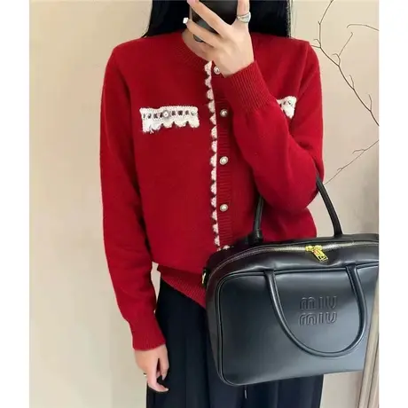 春装2024年女装本命年红色开衫毛衣女秋冬2023新款针织外套爆款商品大图