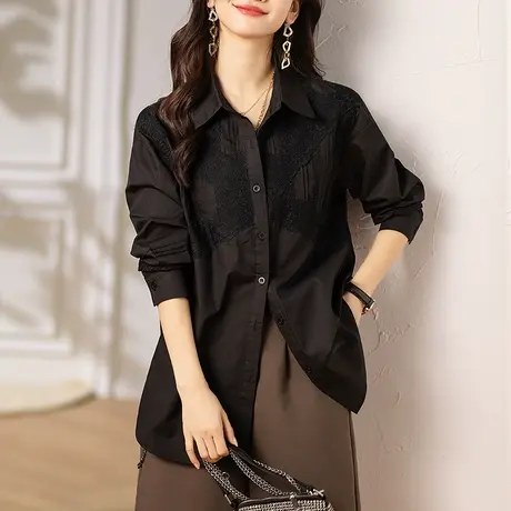 长袖衬衫女春秋新款大码女装上衣宽松中长款显瘦洋气黑色休闲衬衣商品大图