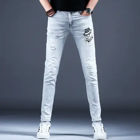 高档浅灰色破洞印花牛仔裤男款修身小脚裤子潮流男士2024新款春秋图片