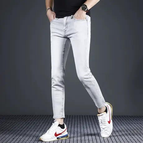 高端九分牛仔裤男修身小脚2024新款夏季薄款浅灰色弹力休闲男裤子图片