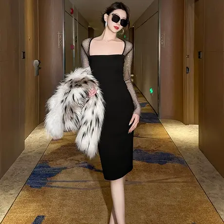 法式抹胸一字肩镂空长袖连衣裙秋季小众设计后开叉气质黑色包臀裙商品大图