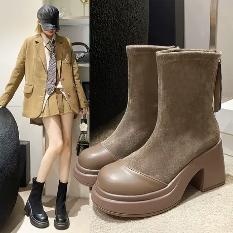 短靴女2024新款秋冬季靴子2024年百搭复古显瘦粗跟女靴炸街瘦瘦靴图片