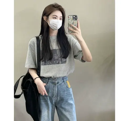 纯棉美式复古设计感短袖t恤女ins潮牌夏季宽松chic港味半袖上衣服商品大图