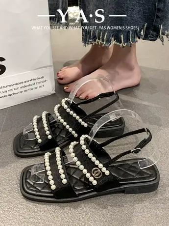 小香风珍珠拖鞋女夏外穿2024夏季新款韩版一字拖平底仙女沙滩凉拖商品大图