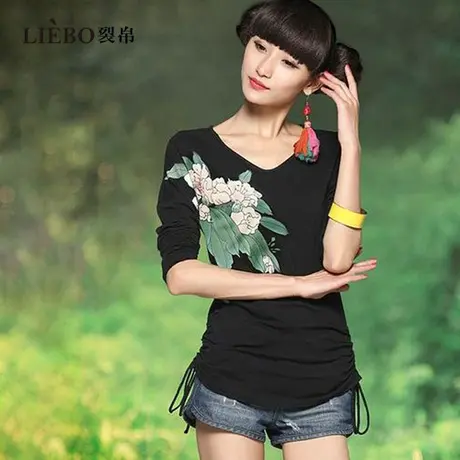 裂帛原创复古V领印花黑色长袖T恤女修身抽绳设计感小众别致上衣夏商品大图