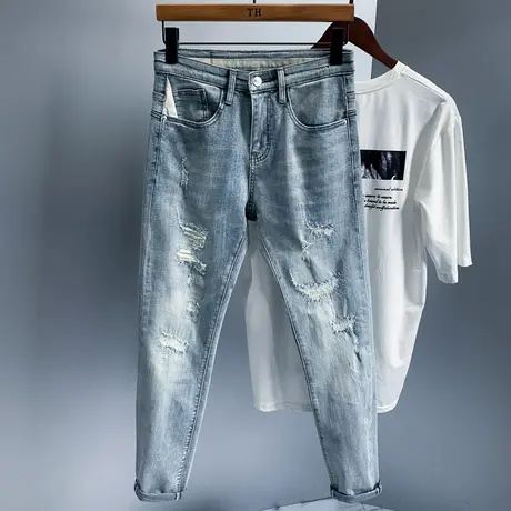 2021浅色潮牌男士牛仔裤男长裤子韩版潮流破洞乞丐裤男生百搭宽松商品大图