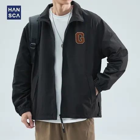 hansca夹克外套男宽松大码春秋季潮牌运动休闲立领黑色工装上衣服商品大图