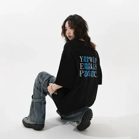 YEP黑色复古印花短袖t恤女夏季2024年新款纯棉情侣装半袖宽松上衣图片