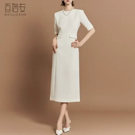 百洛安知性圆领短袖连衣裙女2024夏季新款时尚通勤高腰显瘦中长裙图片