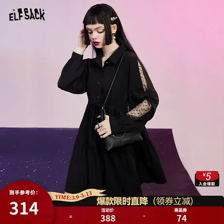 妖精的口袋黑色polo领连衣裙女2024春季新款小黑裙长袖气质高级感商品大图