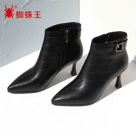 蜘蛛王断码清仓正品裸靴羊皮2022冬商场新款时装靴细高跟加绒格子图片