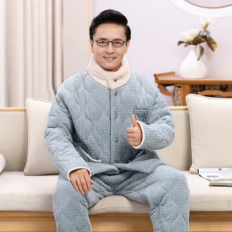 婷美保暖中老年睡衣男士三层夹棉加绒加厚珊瑚绒秋冬天家居服套装商品大图