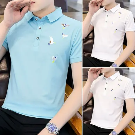 汗衫2023年夏季新款短袖t恤男士潮流冰丝polo衫翻领体恤半袖衣服商品大图