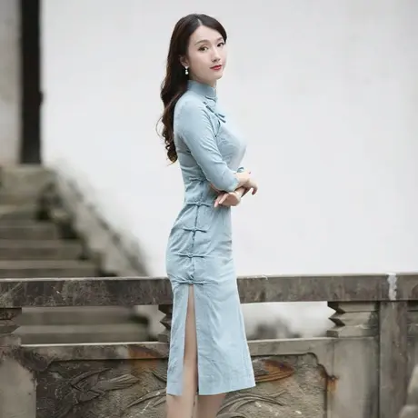 改良旗袍年轻款民国短款棉麻连衣裙日常可穿收腰显瘦气质修身裙子商品大图