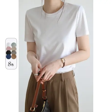 嘉茱莉2023年新款短袖t恤女夏季桑蚕丝打底衫内搭设计感小众体恤商品大图