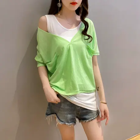 假两件网红纯色短袖T恤女防晒上衣潮2023新款女装宽松体恤外穿ins图片