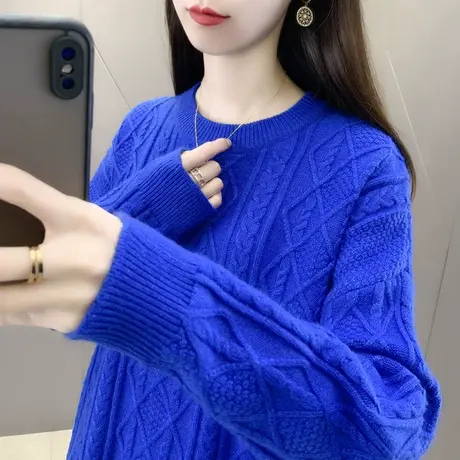 女士圆领毛衣宽松套头2023年秋冬新款菱形麻花针织衫纯色百搭上衣商品大图
