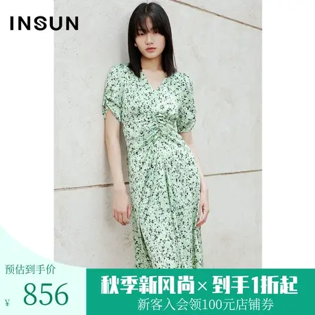 [褶皱系列]恩裳COVER2023年夏装新款亲肤醋酸法式抽褶印花连衣裙图片