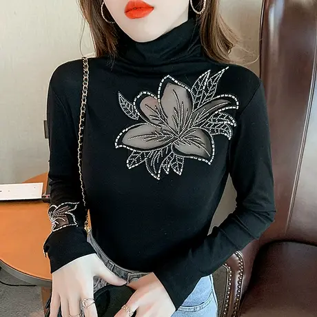 高领打底衫女秋冬新款性感镂空刺绣长袖T恤网纱拼接紧身内搭上衣商品大图
