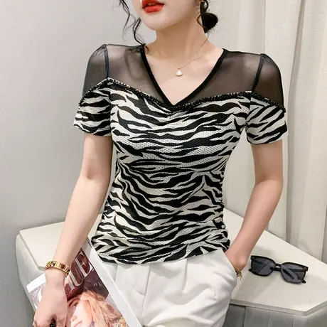 网纱拼接T恤女短袖2023夏季新款性感V领钉珠小衫洋气斑马纹上衣潮商品大图