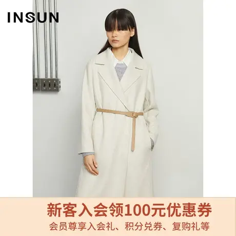 恩裳商场同款冬季修身束腰简约时尚浅色调中长款毛呢外套商品大图