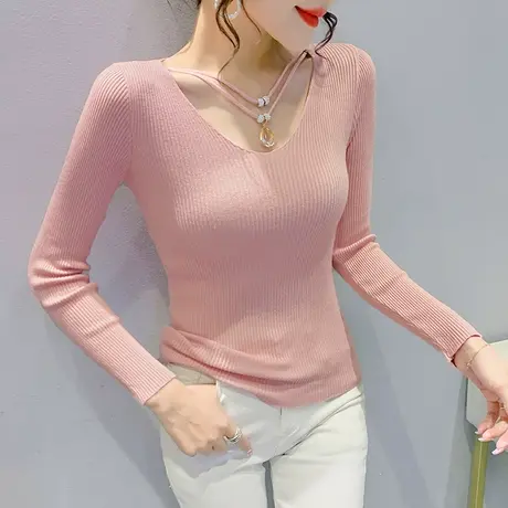 性感V领薄款针织衫女春秋2023新款修身打底衫长袖设计感洋气上衣商品大图
