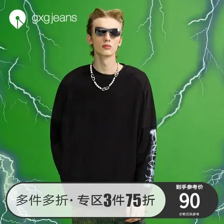 清仓gxg jeans男春季新款减龄oversize宽松学院风印花拼接长袖T恤图片