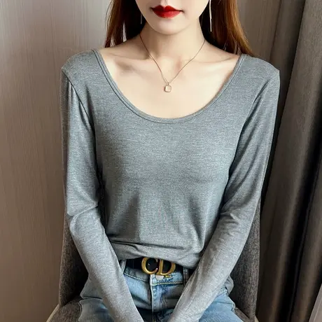 莫代尔双u领t恤女长袖秋冬季正肩设计感黑色体恤内搭新款打底衫潮商品大图