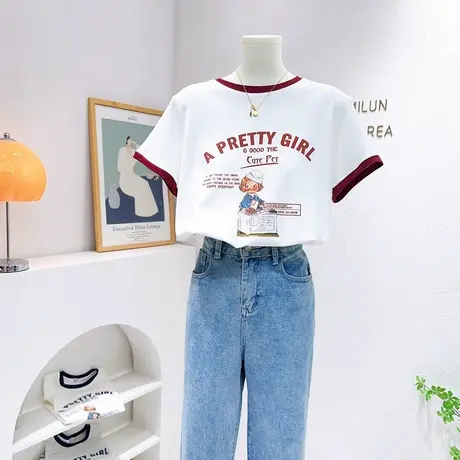 ins复古美式小个子正肩短袖上衣2023夏季新款韩版拼色修身纯棉T恤商品大图