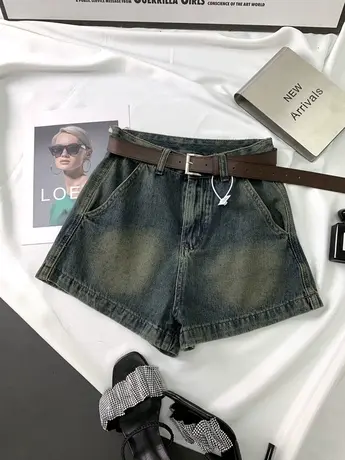 韩版复古做旧牛仔短裤女2023秋季新款显瘦百搭腰带高腰阔腿a字裤商品大图