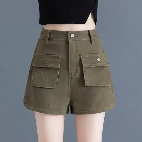 法式工装短裤女秋季军绿色高腰A字三分阔腿靴裤外穿辣妹牛仔热裤图片