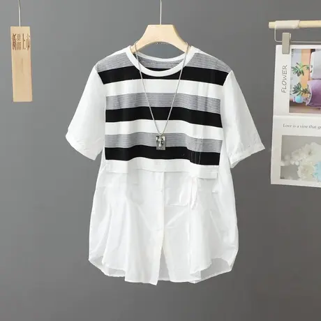 2023夏季设计感小众条纹拼接白色衬衫女短袖纯棉套头圆领衬衣上衣商品大图
