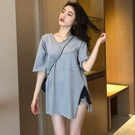 v领短袖t恤女夏季大码宽松韩版bf慵懒风ins半袖设计感小众上衣服商品大图