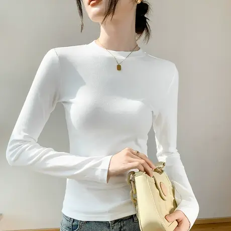 圆领纯色打底衫女2023春季新款修身显瘦长袖T恤配大衣的内搭上衣商品大图