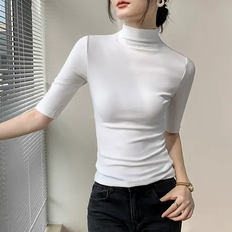 五分袖T恤女2023早秋新款正肩内搭半袖薄款上衣半高领修身打底衫商品大图
