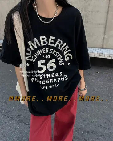 欧货春秋2023新款半袖舒适百搭做旧磨毛数字字母印花短袖T恤女潮商品大图