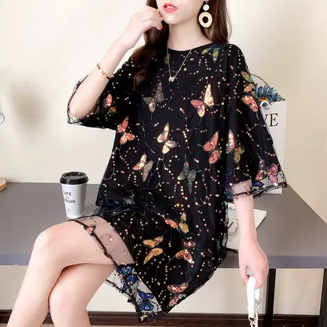 短袖t恤女2022年新款韩版宽松大码中长款休闲网纱夏天连衣裙子潮图片