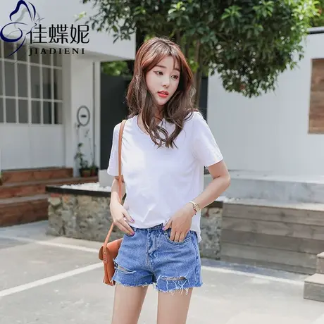 夏季新款韩版V领宽松短袖纯色纯棉下摆开叉休闲T恤打底衫女装图片