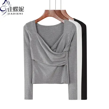 春季新款V领时尚小心机T恤女短款韩版简约长袖纯棉内搭褶皱打底衫商品大图