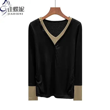 春秋新款韩版V领假两件修身纯棉纯色长袖体恤上衣内搭女打底衫图片