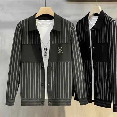 2023秋季男士针织休闲开衫帅气翻领条纹毛衣外套青年男装潮流夹克商品大图