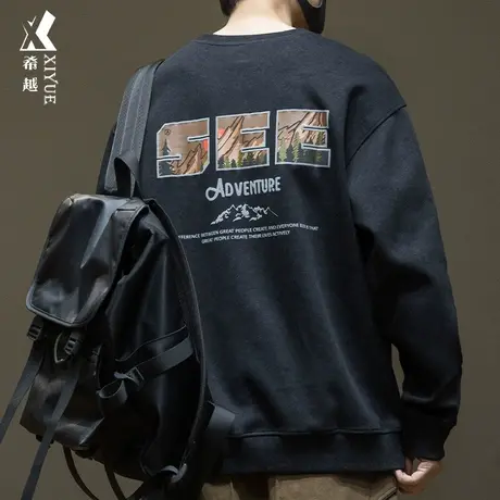 希越山系扎染图案卫衣男秋季宽松大码字母拼接设计感内搭打底衫潮图片