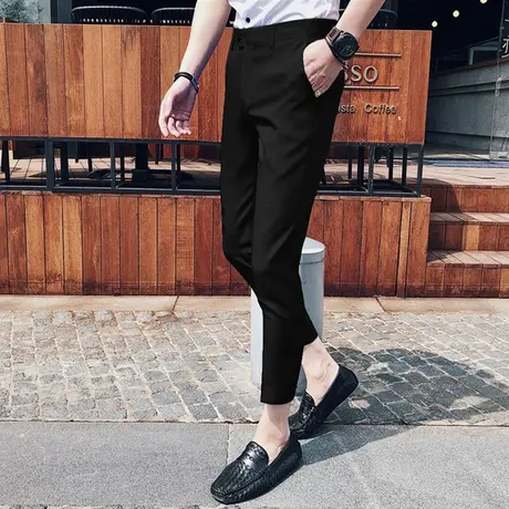 夏季薄款弹力小西裤男韩版修身小脚九分裤商务坠感休闲西装裤图片